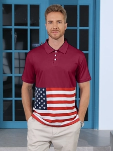 Close-up of polo shirt collar and US flag pattern print on bicolor casual men's top