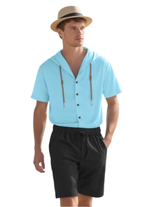 Detail of men's summer linen set with light blue hooded shirt and black drawstring shorts