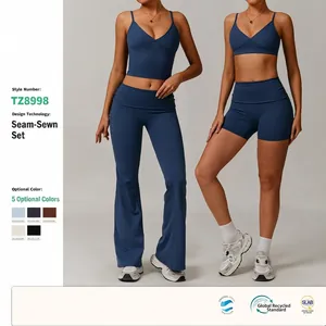 Women's Yoga Activewear Recycled Polyester Spandex V Neck Sports Bra And High Waist Leggings Flared Pants Shorts Fitness Outfit