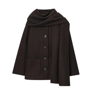Women's dark brown wool coat with matching scarf collar and large front pocket detail