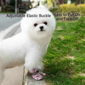 Pink dog shoes with cartoon print featuring adjustable toggle for small pets in park