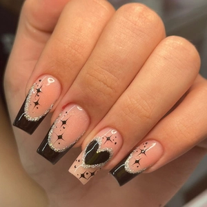 Faux Ongles À Presser Ballerine Longs Pointes Françaises Noires Motifs Coeur Étoile Paillettes Argentées Style Y2K Pour Femmes