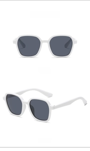 Front and side view of white square frame children's sunglasses with grey lenses