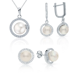 925 Sterling Silver Jewelry Women Round White Artificial Pearl Zircon Inlaid Elegant Necklace Earrings Ring 925 Silver Earring Post