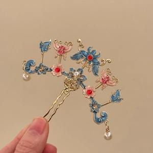 Épingle à cheveux chinoise avec papillon en émail, fleur rose et perle blanche