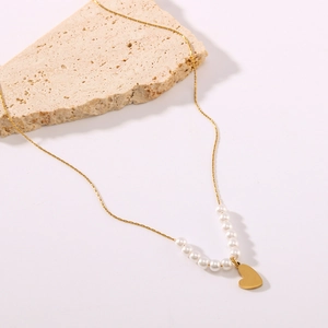 Collana Con Ciondolo A Cuore Con Künstliche Perle Acciaio Inossidabile Placcato Oro 18K Catena Da Clavicola Asimmetrica Gioielli Per Donna