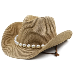 Stroh-Westerncowboyhut mit Perlenkette und verstellbarem Kinnriemen für Damen