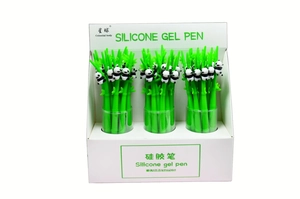 Detailed view of panda silicone pens in a display box with 0.5mm tip specifications