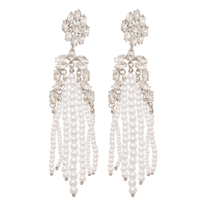 Floral crystal and white pearl tassel drop earrings with sparkling silver finish