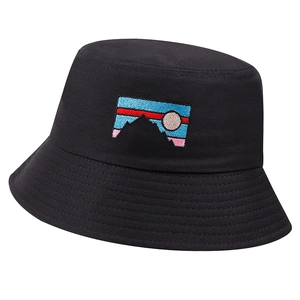 Classic black cotton bucket hat featuring colorful embroidered mountain and sunrise design