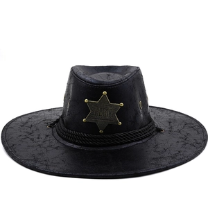 Western Cowboy Sheriff Hut Vintage PU Leder Breite Krempe Mit Metallstern Abzeichen Geflochtenes Seil Rollenspiel