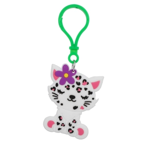 Close-up of cute white leopard print cat keychain with purple flower and green hook