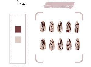 Macro view of long almond press-on nails with champagne glitter and brown wave patterns