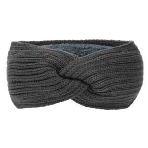 Detail showing charcoal grey knit headband with thick fleece lining and cross twist pattern