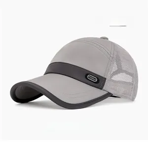 Close-up of light gray baseball cap featuring breathable mesh and PODRLN logo detail