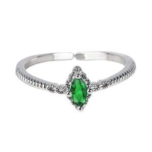 Minimalist 18K silver adjustable ring with marquise-cut green zircon and twisted band