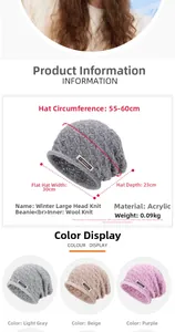 Detailed size chart for women's slouchy beanie featuring 55-60cm circumference dimensions