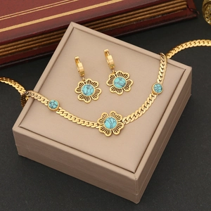 Flower Turquoise Jewelry Stainless Steel Flat Snake Chain Necklace Bracelet And Earrings Vintage Fashion For Women
