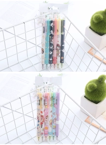 Close-up of 0.5mm retractable cartoon gel pens in colorful gift packaging sets