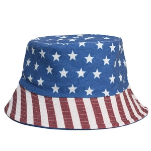Reversible American flag bucket hat featuring stars and stripes design for sun protection