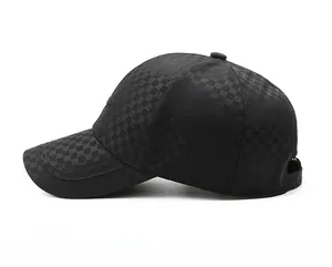 Side view of black plaid baseball cap with double-stitched brim and checkered pattern