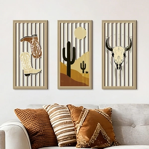 Lot de 3 décorations murales bohèmes en bois avec motifs de cactus et crâne de vache