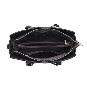 Women's black leather tote bag with multi-compartment interior and gold hardware