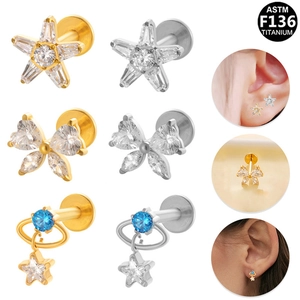 ASTM F136 Titanium Alloy Lip Ring Star Bowknot Heart Rhinestone Body Piercing Jewelry Stud Earrings For Women Men Gift