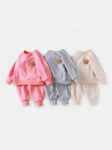 Kids Sweatshirt And Pants Bear Patch Cotton Polyester Fleece Lining Round Neck Long Sleeve Sports Outfit Boys Girls