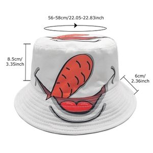 Cartoon mouth and carrot print bucket hat for sun protection with size measurements