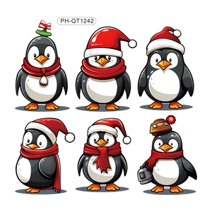 Set of six Christmas cartoon penguin wall stickers with red hats and holiday gift boxes