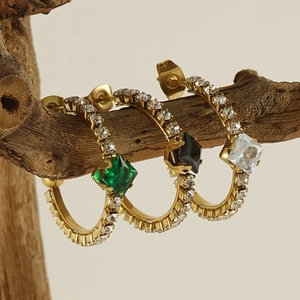 18K gold plated stainless steel hoop earrings with green, black and white square crystals