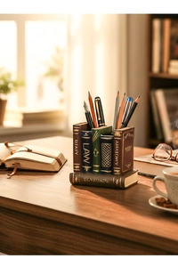Detailed view of vintage book-shaped resin pen holder with elegant gold embossed spines