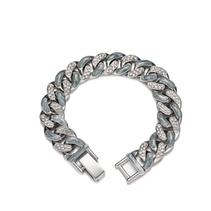 Silver titanium steel Cuban link bracelet with grey enamel and clear crystals