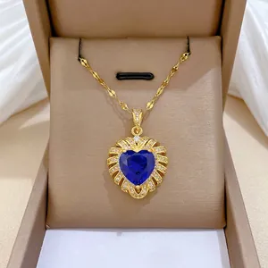 Heart Pendant Necklace Titanium Steel Gold Plated Copper Blue Cubic Zirconia Micro Pave Rhinestone Elegant Jewelry Women