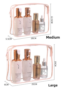 Waterproof clear PVC cosmetic bags with pink trim in medium and large sizes