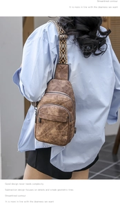 Retro brown chest bag with patterned strap shown on model for detailed texture