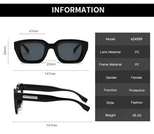 Detailed size chart for square frame sunglasses with measurements and PC material specs