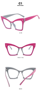 Three-view layout of pink and grey cat-eye glasses frame with SIDE, FRONT, and BACK angles