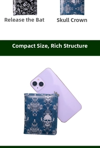 Compact skull and floral wallets shown next to a phone to demonstrate small portable size