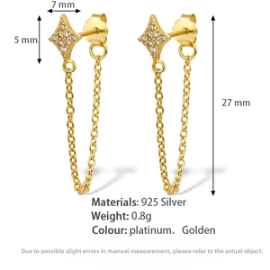 Detail of S925 silver star earrings with micro-set zircons and 27mm length measurements