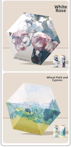 Detail view of mini umbrellas featuring Van Gogh's White Roses and Wheatfield prints