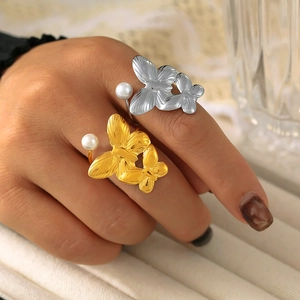 Elegant 18k gold and silver butterfly pearl rings with adjustable open band for women