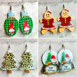Christmas Dangle Earrings Acrylic Holiday Jewelry With Earring Post Tree Gingerbread Man Gnome Pattern Colorful Retro Style