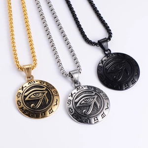 Detailed view of Horus Eye pendants in gold, silver and black finish on round box chains