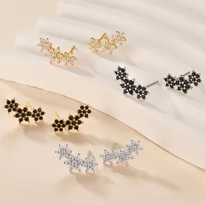 925 Sterling Silver Flower Stud Earrings Zirconia Inlaid Triple Floral Petal Design Gold Silver Jewelry For Women