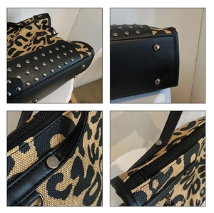 Detailed views of leopard print handbag with metal studs, zipper, and base feet
