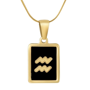 18K gold plated stainless steel square pendant necklace featuring Aquarius zodiac symbol