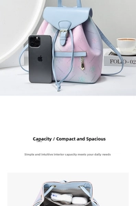 Detail view of pink and blue gradient backpack with internal space for daily essentials