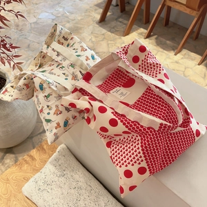 Canvas Tote Bag For Women With Cute Cartoon Dog Print And Red Polka Dot Pattern Large Capacity Cotton Shoulder Handbag